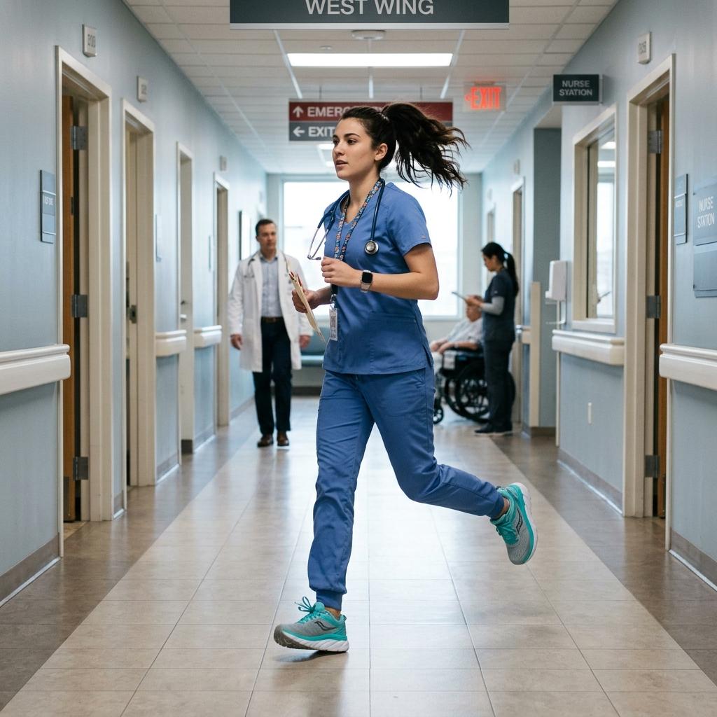A nurse running between hospital rooms wearing comfortable shoes