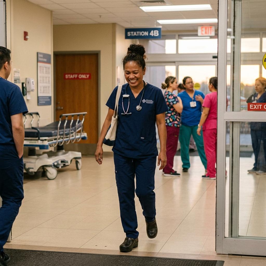A smiling nurse ending her shift without foot pain