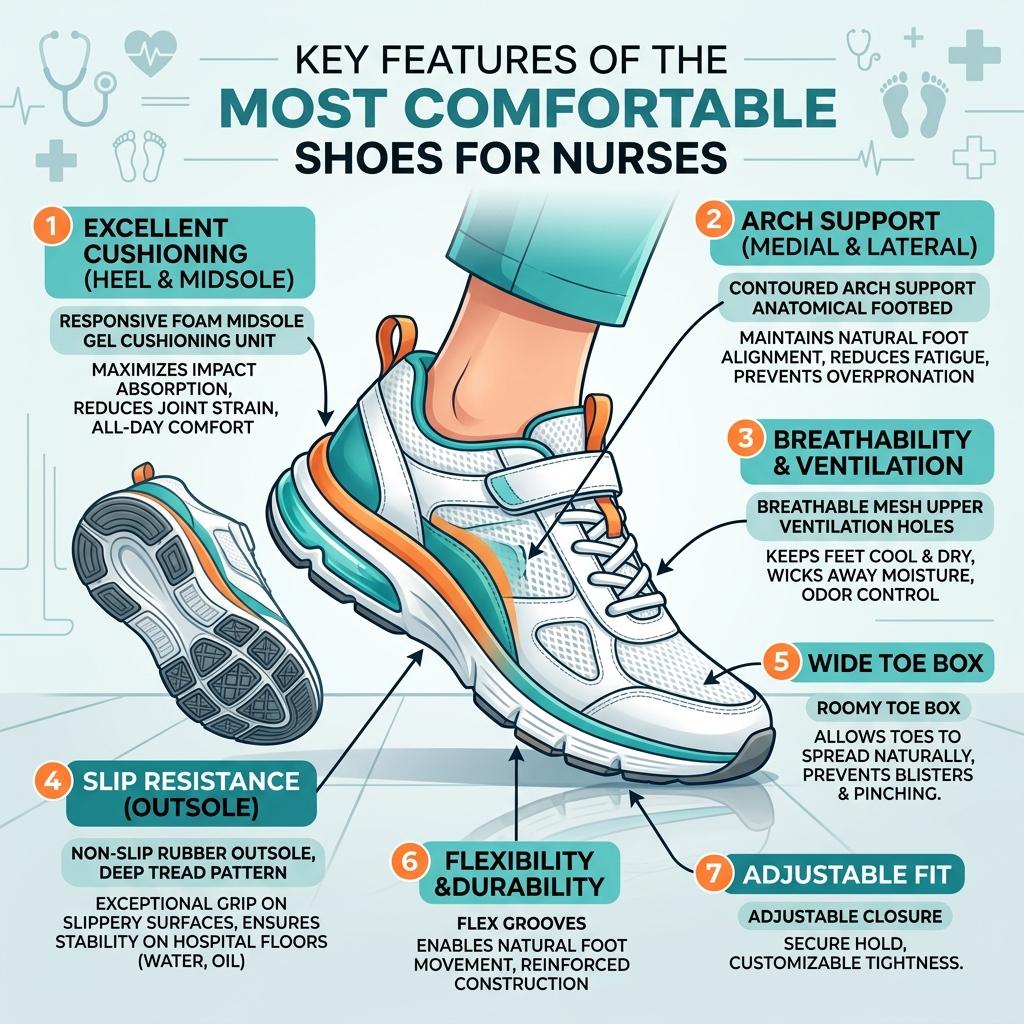 Diagram showing the key features of the most comfortable shoes for nurses