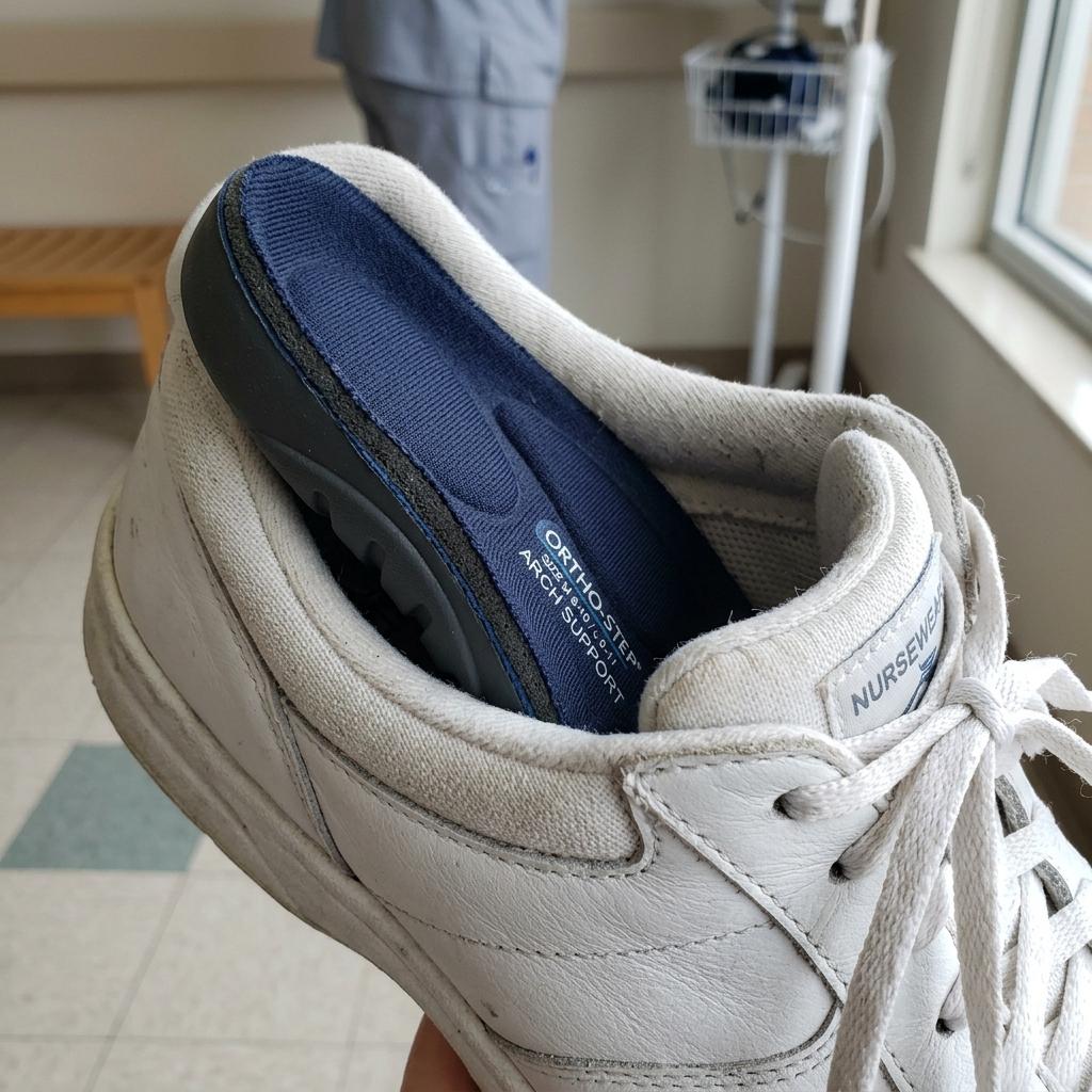 Close-up of orthotic arch support inside a comfortable nursing shoe
