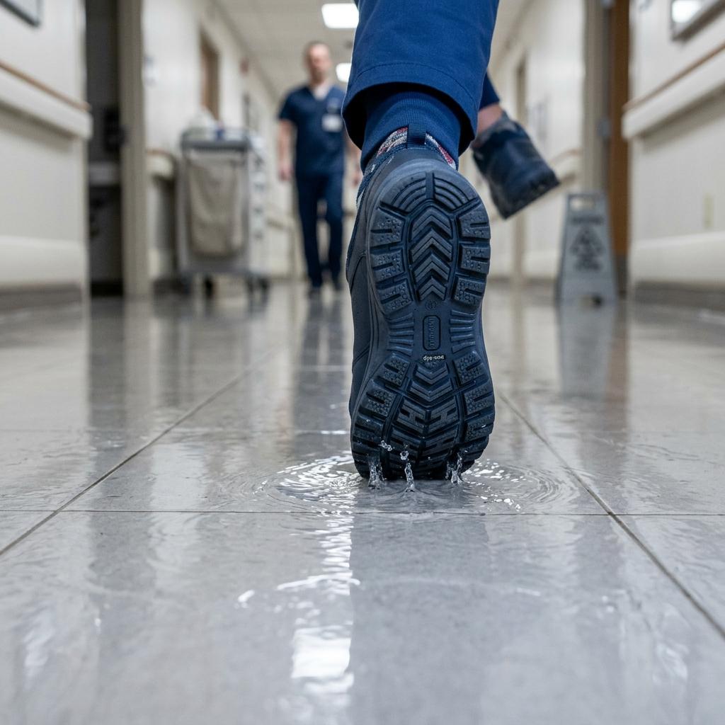 Demonstration of slip-resistant outsoles gripping a wet hospital floor