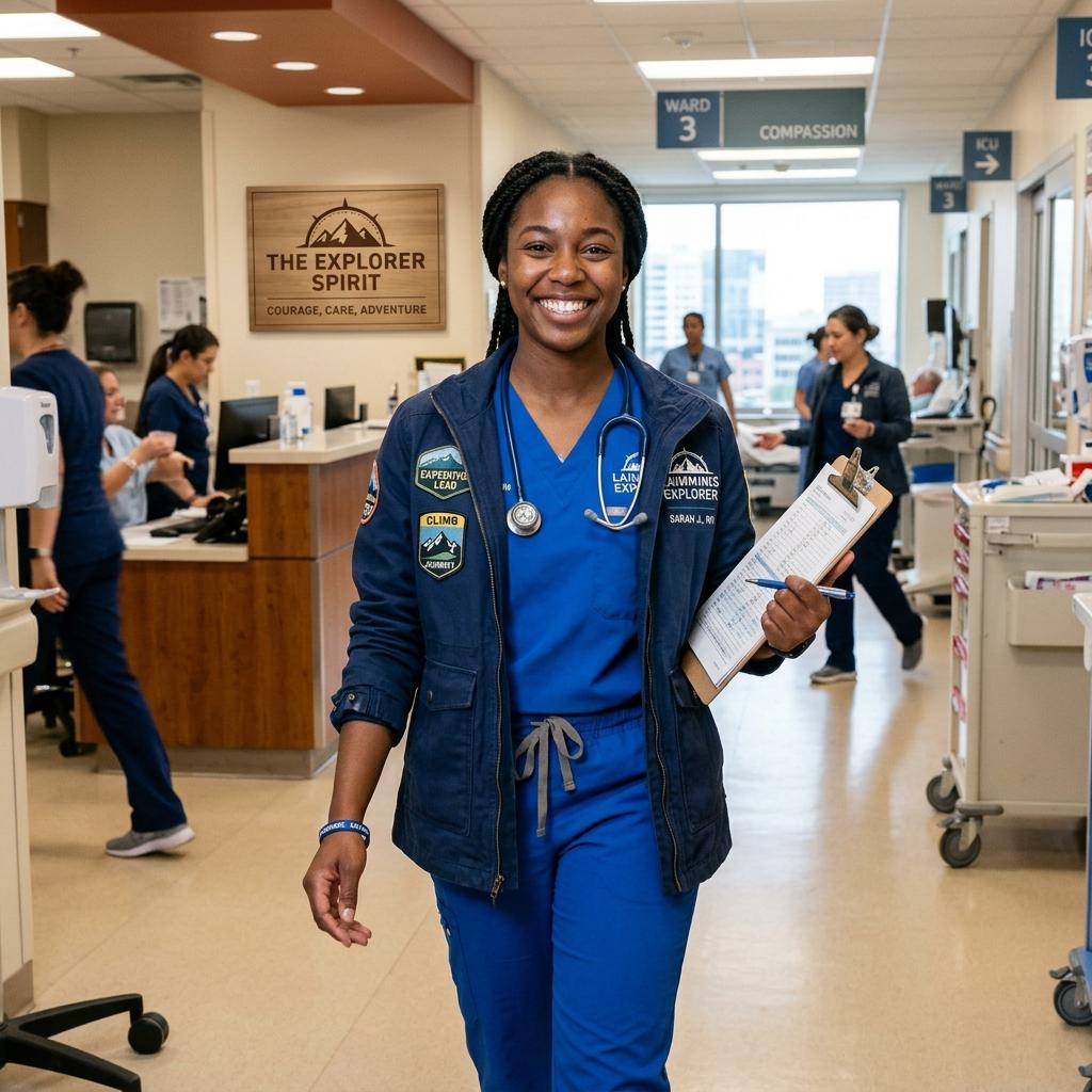 A confident nurse portraying the Laimminis Explorer spirit in the hospital